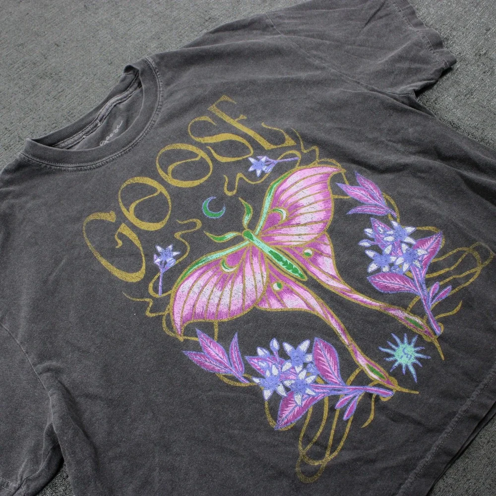 Goose Band Tee Luna Moth Graphic Mineral Wash Charcoal Grey T-Shirt Large - Picture 1 of 9